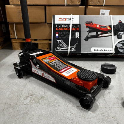 Garagekrik 3 ton extra laag | GRATIS PAD 40mm | 83mm - 505mm hoogte | dubbele plunjers | snelle hefboom