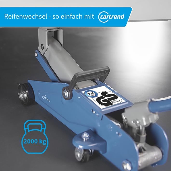 Cartrend 7740014 Hydraulische garagekrik 2 ton krik, traploos regelbare verlaging van kwaliteitsstaal, blauw