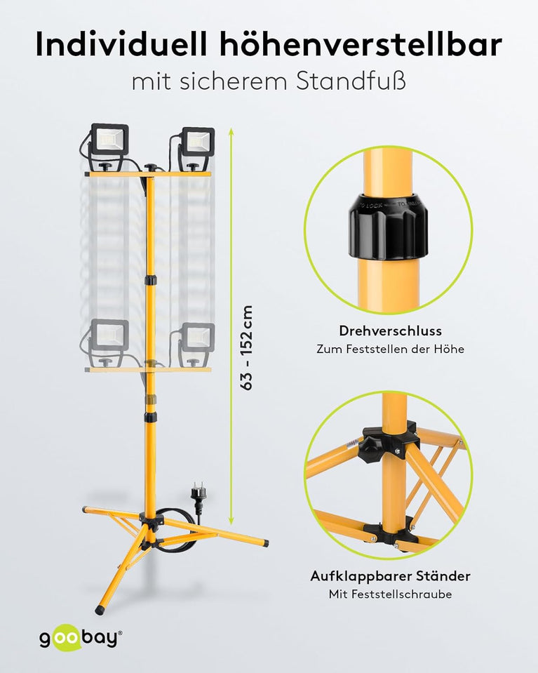 Goobay 57845 Led-bouwlamp, op telescoopstatief, 2 x 20 W, 3400 lm, neutraal wit licht, 4000 K, voor binnen en buiten, IP65, zwart/geel
