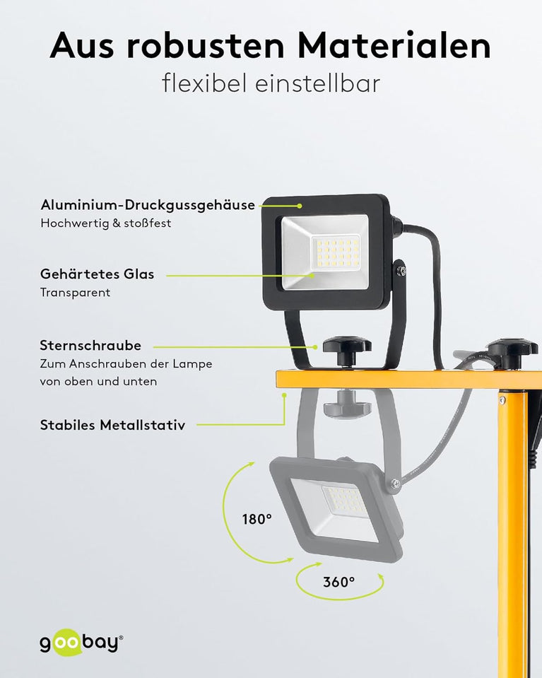 Goobay 57845 Led-bouwlamp, op telescoopstatief, 2 x 20 W, 3400 lm, neutraal wit licht, 4000 K, voor binnen en buiten, IP65, zwart/geel