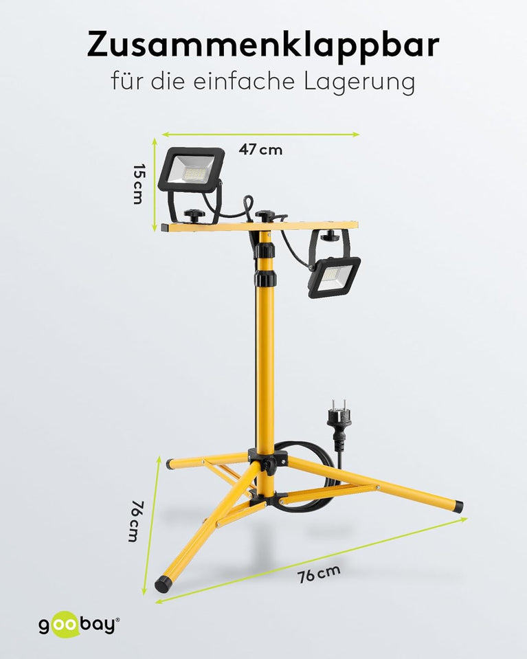 Goobay 57845 Led-bouwlamp, op telescoopstatief, 2 x 20 W, 3400 lm, neutraal wit licht, 4000 K, voor binnen en buiten, IP65, zwart/geel