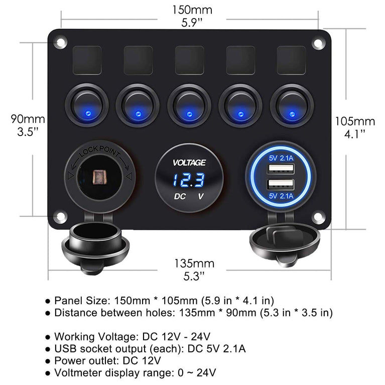 12 V/24 V schakelpaneel, met USB-aansluiting 4,2 A + sigarettenaansteker + voltmeter display, IP65-waterdicht, aan/uit tuimelschakelaar voor auto, boot, vrachtwagen, schakelcircuit-besturing