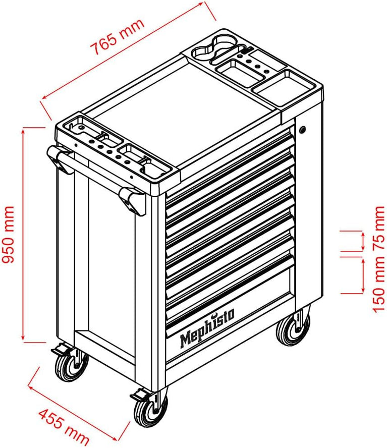 Mephisto Gereedschapswagen, werkplaatswagen met roestvrij stalen legplank en 8 schuifladen, waarvan 8 daarvan met gereedschap zoals ringsleutel, ratel met notenkast enz. in zachte inlays in carbonlook