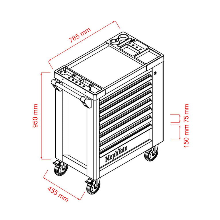 Mephisto Gereedschapswagen, werkplaatswagen met roestvrij stalen legplank en 8 schuifladen, waarvan 8 daarvan met gereedschap zoals ringsleutel, ratel met notenkast enz. in zachte inlays in carbonlook
