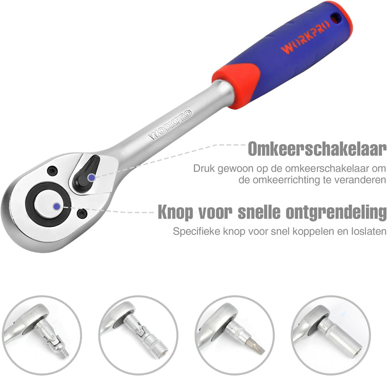 WORKPRO dopsleutelset voor bits, ratel, 1/2 inch en 1/4 inch snelwissel, 108 stuks