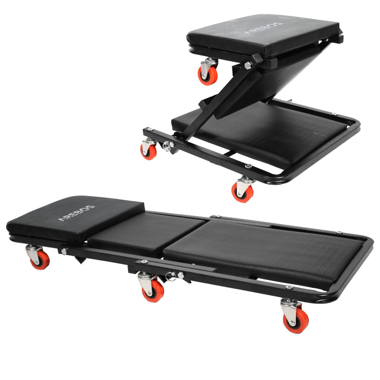 2 in 1 Werkplaatsrolplank | 6 Wielen | Met zit-en ligfunctie | Staal grijs bekleed | Zwart