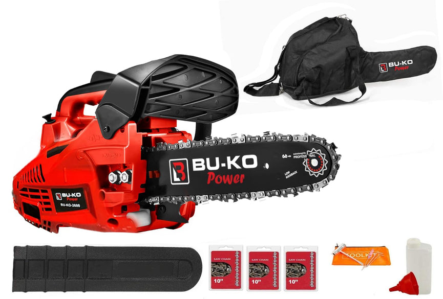 BU-KO 65cc benzine kettingzaag 3.89HP 20 "staaf en 2 x kettingen + 16" staaf en 2x kettingen COVER BAG & FULL SAFETY GEAR