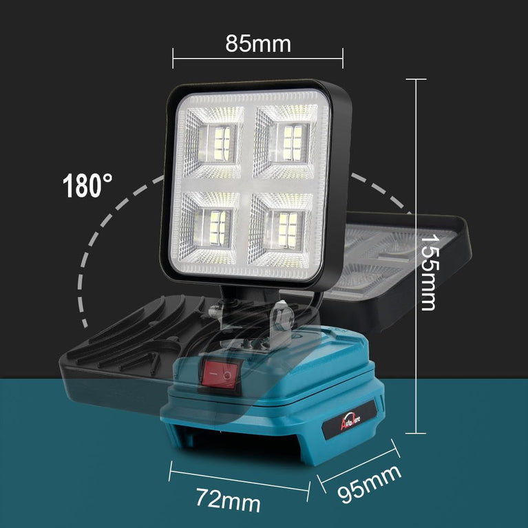 AUTOJARE Acculamp voor Makita, 18 V, 50 W, draadloze schijnwerper, lamp met 2 USB-oplaadpoorten, draagbare led-werklamp voor autoreparatie, thuisverlichting, camping, vissen, 10 cm, geen accu