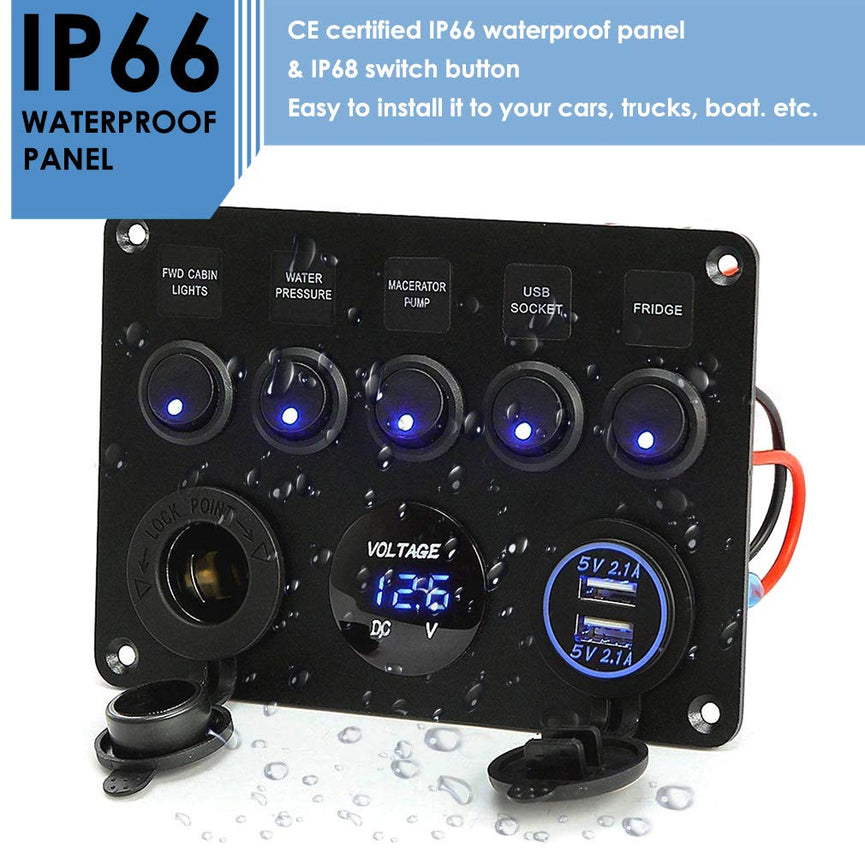 12 V/24 V schakelpaneel, met USB-aansluiting 4,2 A + sigarettenaansteker + voltmeter display, IP65-waterdicht, aan/uit tuimelschakelaar voor auto, boot, vrachtwagen, schakelcircuit-besturing