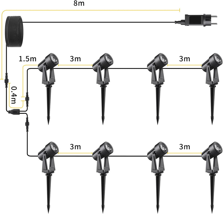 Svater Tuinverlichting, led, voor buiten, 28 m, 8-delige set, 2400 lumen, 8 x 2 W, 27 V, COB, IP65 waterdichte spot, warmwit, met grondpen, voor buiten, tuin, tuin