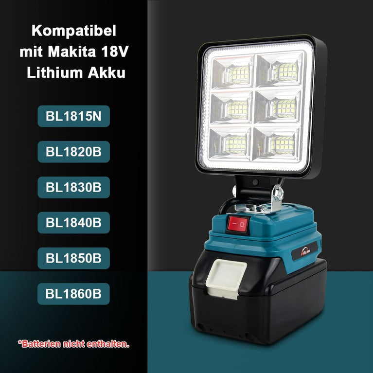 AUTOJARE Acculamp voor Makita, 18 V, 50 W, draadloze schijnwerper, lamp met 2 USB-oplaadpoorten, draagbare led-werklamp voor autoreparatie, thuisverlichting, camping, vissen, 10 cm, geen accu