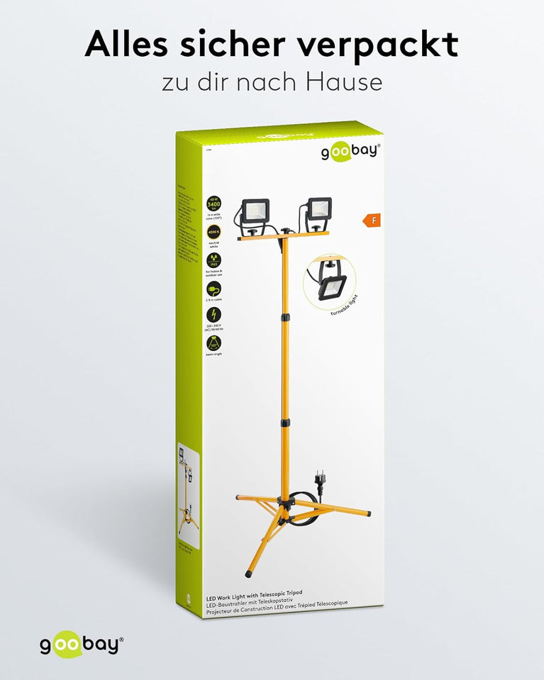 Goobay 57845 Led-bouwlamp, op telescoopstatief, 2 x 20 W, 3400 lm, neutraal wit licht, 4000 K, voor binnen en buiten, IP65, zwart/geel