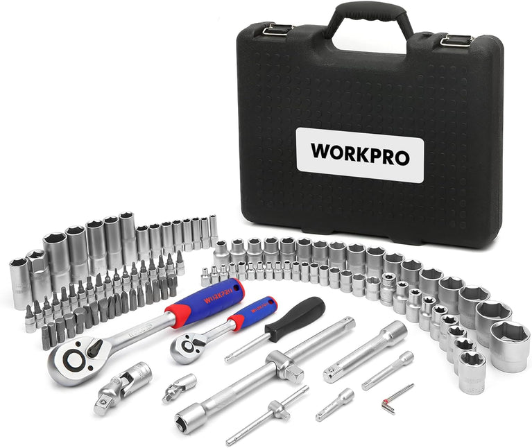 WORKPRO dopsleutelset voor bits, ratel, 1/2 inch en 1/4 inch snelwissel, 108 stuks