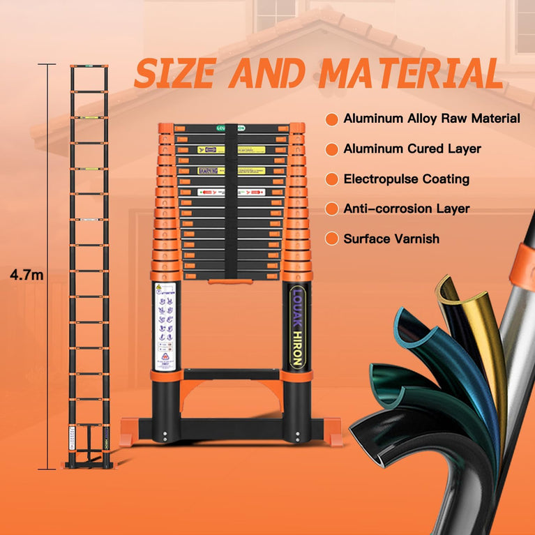 Telescopische ladder, 4,7 m, uittrekbare ladder, vouwladder, staande ladder, antislip, van hoogwaardig aluminium, multifunctionele ladder, huishoudladder