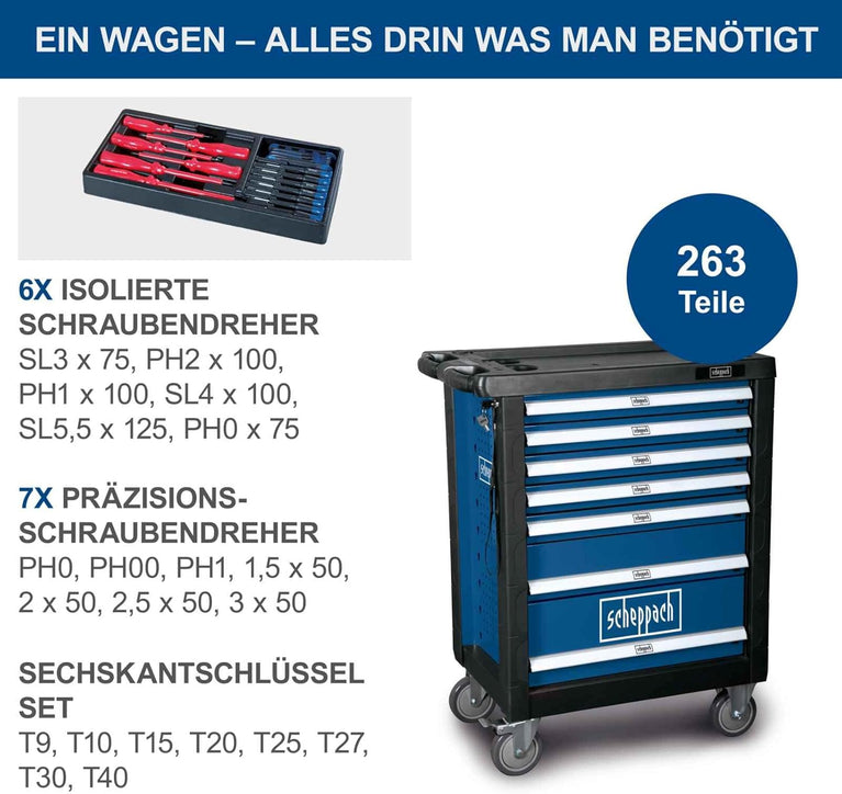 Scheppach Gereedschapswagen met 4 wielen | 70 stuks | afsluitbaar en mobiel | 7 laden