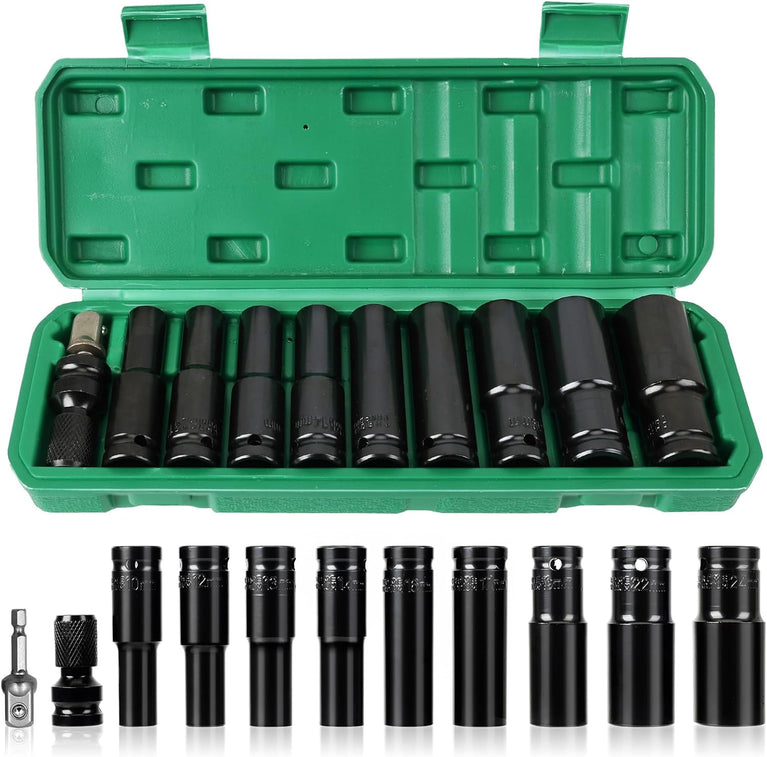 11 stuks slagmoersleutelset 1/2 inch dopsleutelset 10-24 mm, dopsleutelset 1/2 inch met dopsleuteladapter en verlengstang, zeskantige dopsleutel voor autoreparaties bandenwissel