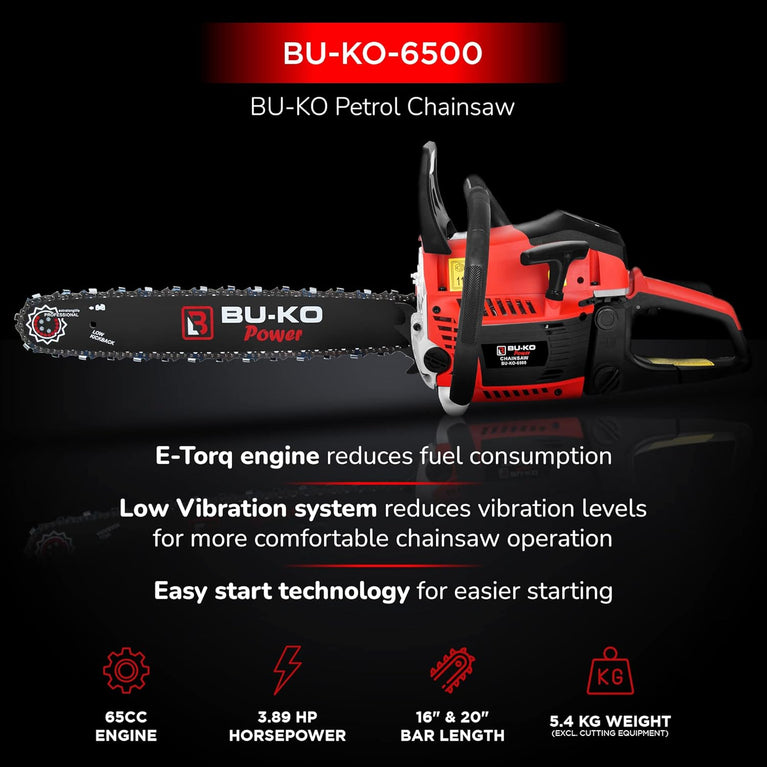 BU-KO 65cc benzine kettingzaag 3.89HP 20 "staaf en 2 x kettingen + 16" staaf en 2x kettingen COVER BAG & FULL SAFETY GEAR