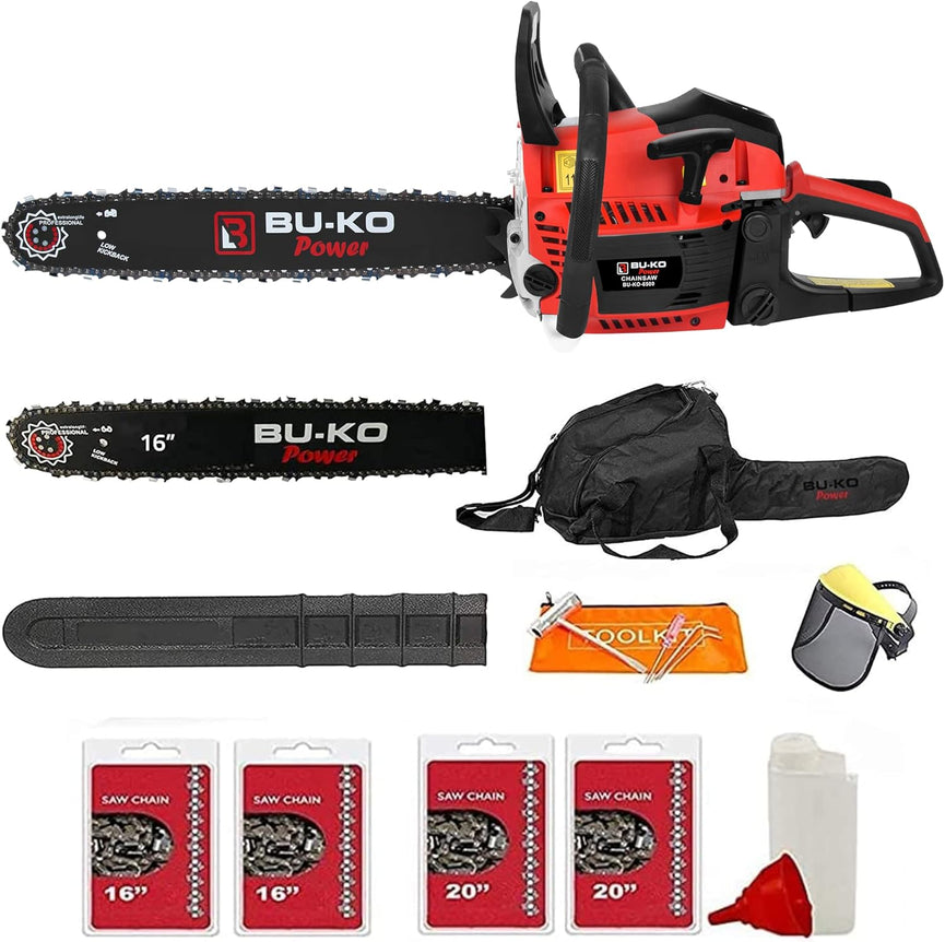 BU-KO 65cc benzine kettingzaag 3.89HP 20 "staaf en 2 x kettingen + 16" staaf en 2x kettingen COVER BAG & FULL SAFETY GEAR