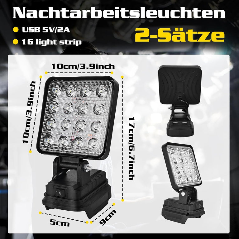 Accu-led-werklamp voor Makita 18 V - 27 W, led-bouwlamp, draagbare led-schijnwerper, accu-schijnwerper, bouwplaatslamp met USB opladen (geen accu), 2 stuks