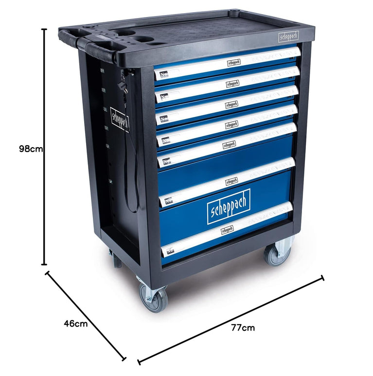 Scheppach Gereedschapswagen met 4 wielen | 70 stuks | afsluitbaar en mobiel | 7 laden