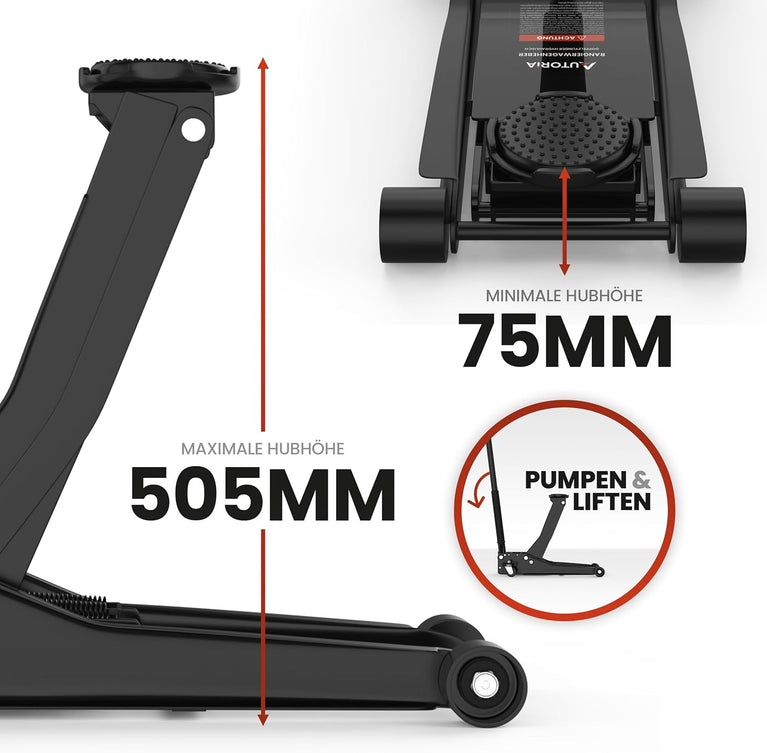 AUTORIA Hydraulische krik, 3T vlakke hefhoogte 75-505 mm, met 2 rubberen pads, professionele garagekrik, hydraulische 360° wielen, onderstelbok