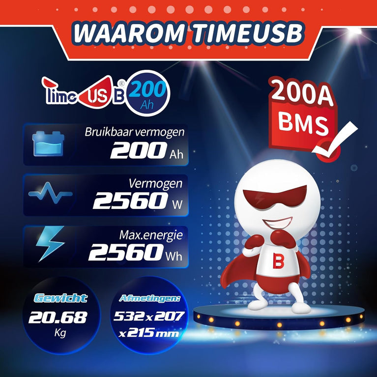 Time usb LiFePO4 Batterij 12V 200Ah PLUS Lithium Accu