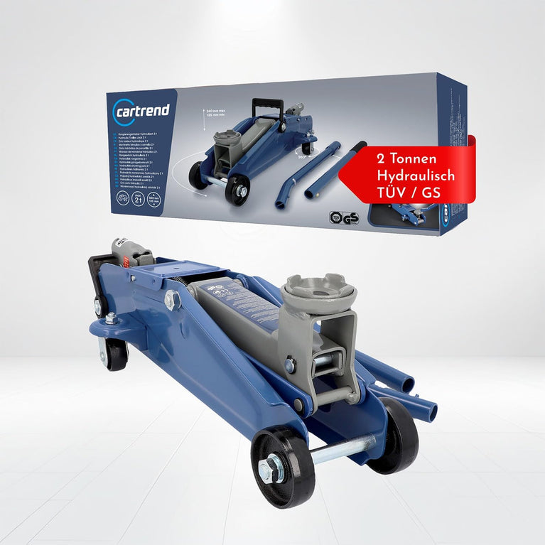 Cartrend 7740014 Hydraulische garagekrik 2 ton krik, traploos regelbare verlaging van kwaliteitsstaal, blauw