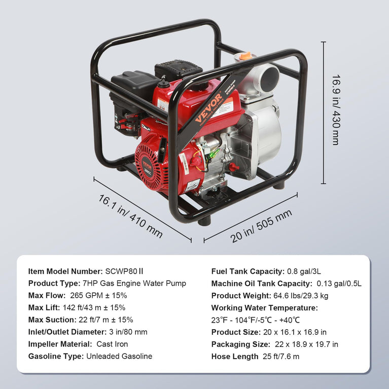 Waterpomp voor benzinemotor, 7,6 cm, 7 pk, 265 GPM, 142 voet heffen, 22 voet zuigkracht, wateroverdracht, 4-takt benzine, draagbare hogedrukslang 25 voet