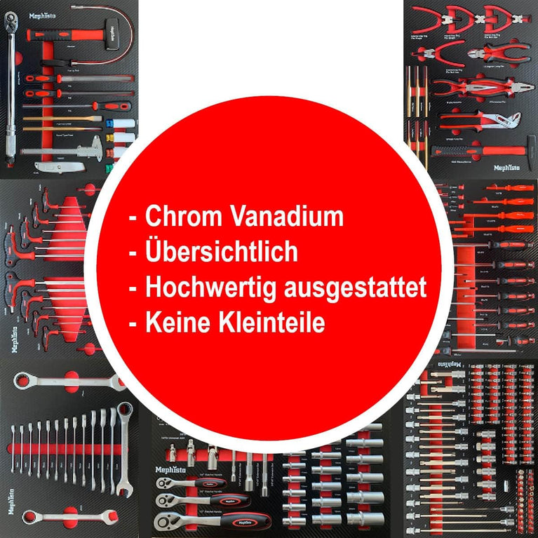 Mephisto XXL Gereedschapswagen, werkplaatswagen met 7 laden in carbon look, met gereedschappen zoals moersleutel, ratel met doppen, schroevendraaiers en nog veel meer, geplaatst in zachte inlays in de laden