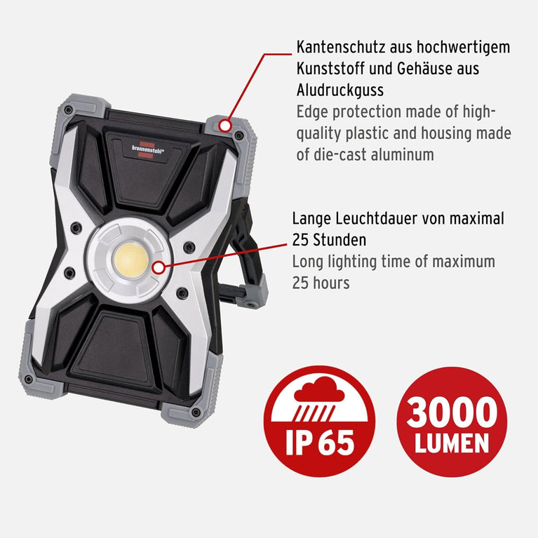 Brennenstuhl Batterijgevoede LED-werklamp RUFUS / LED-bouwlamp voor werkplaatsen (LED-schijnwerper met Powerbank-functie, incl. oplaadkabel, gegoten aluminium behuizing, 1500lm, IP65)