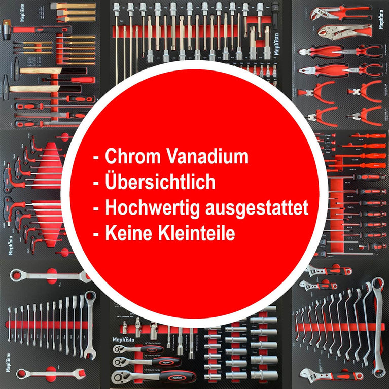 Mephisto Gereedschapswagen, werkplaatswagen met roestvrij stalen legplank en 8 schuifladen, waarvan 8 daarvan met gereedschap zoals ringsleutel, ratel met notenkast enz. in zachte inlays in carbonlook