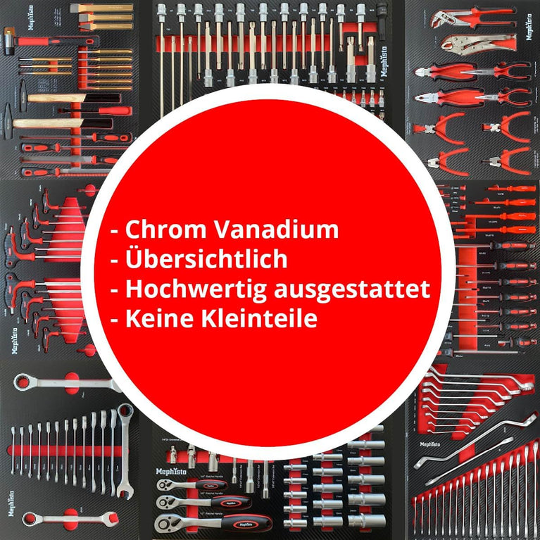 Mephisto Gereedschapswagen, werkplaatswagen met roestvrij stalen legplank en 8 schuifladen, waarvan 8 daarvan met gereedschap zoals ringsleutel, ratel met notenkast enz. in zachte inlays in carbonlook