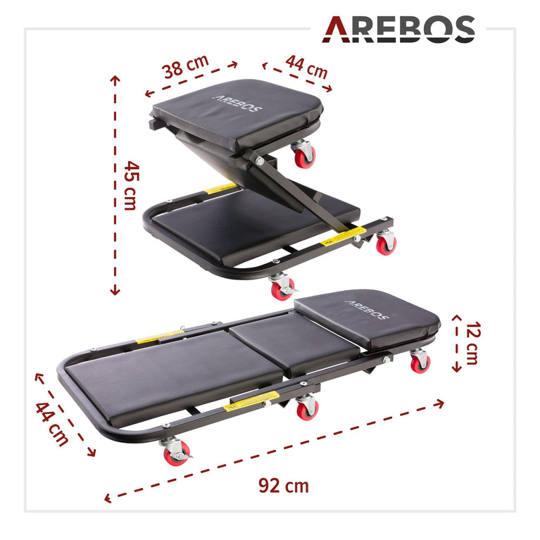 2 in 1 Werkplaatsrolplank | 6 Wielen | Met zit-en ligfunctie | Staal grijs bekleed | Zwart