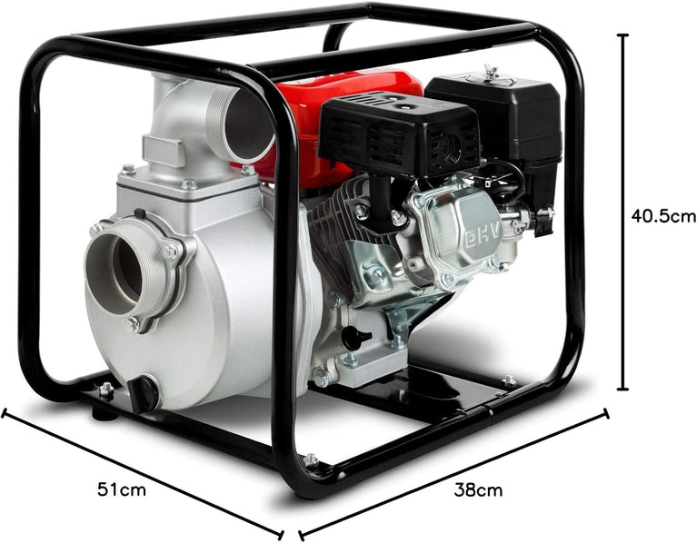 EBERTH Benzine-waterpomp 60.000 l/h, 6,5 pk benzinemotor, 3 inch aansluiting, 30 m opvoerhoogte, 7 m aanzuighoogte, trekkoord