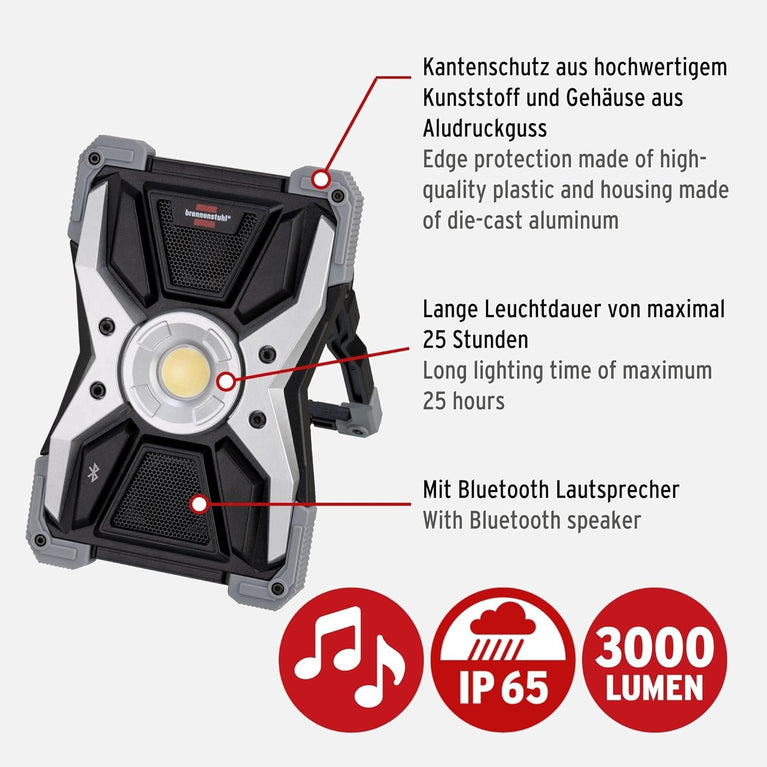 Brennenstuhl Batterijgevoede LED-werklamp RUFUS / LED-bouwlamp voor werkplaatsen (LED-schijnwerper met Powerbank-functie, incl. oplaadkabel, gegoten aluminium behuizing, 1500lm, IP65)