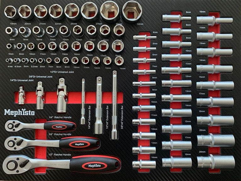 Mephisto Gereedschapswagen, werkplaatswagen met roestvrij stalen legplank en 8 schuifladen, waarvan 8 daarvan met gereedschap zoals ringsleutel, ratel met notenkast enz. in zachte inlays in carbonlook