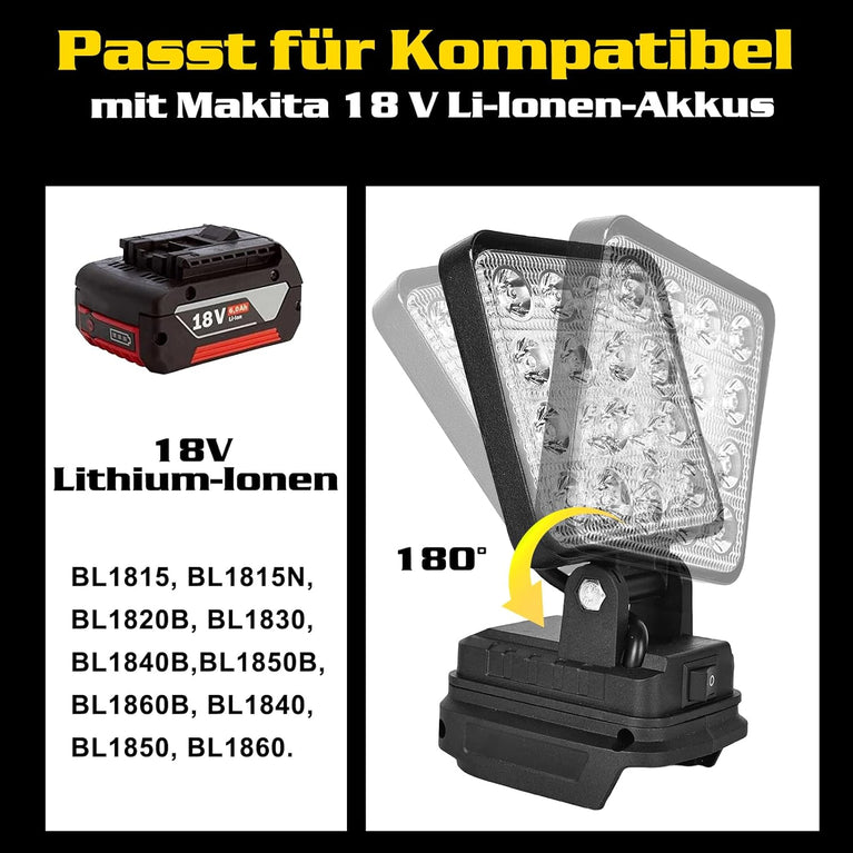 Accu-led-werklamp voor Makita 18 V - 27 W, led-bouwlamp, draagbare led-schijnwerper, accu-schijnwerper, bouwplaatslamp met USB opladen (geen accu), 2 stuks