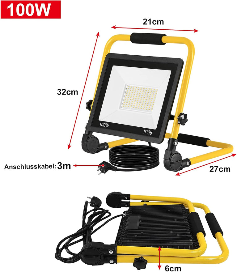 LZQ LED schijnwerper bouwlamp draagbare 100W koud wit - incl. standframe en draaggreep - buitenlamp spotlight waterdicht IP66 schijnwerper schijnwerper licht voor tuin, garage