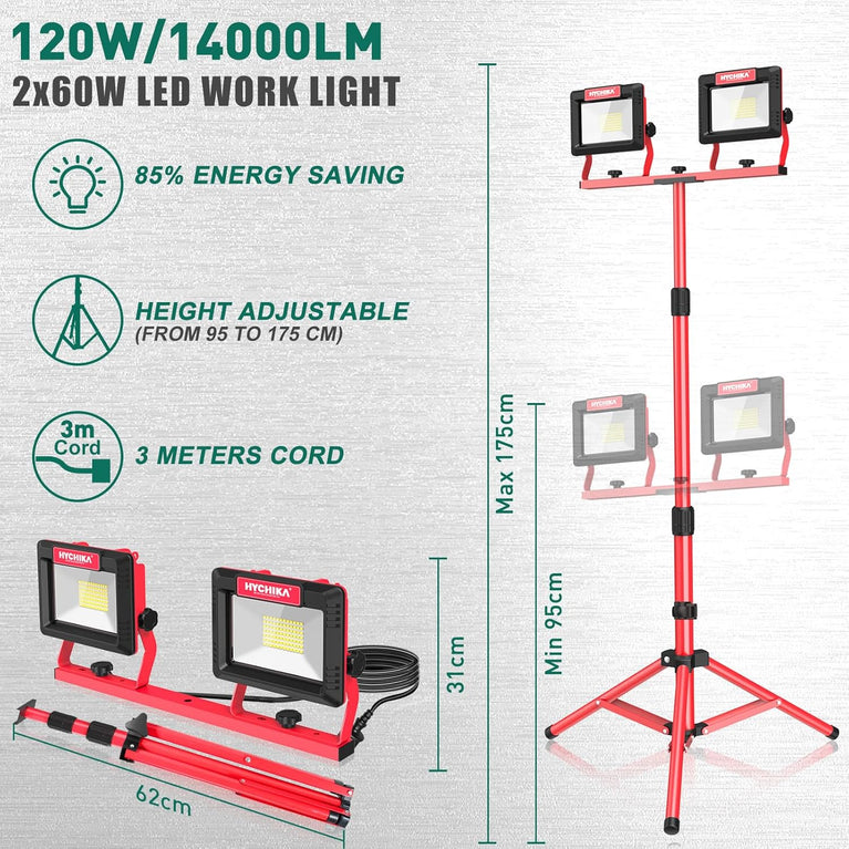 LED-projector op statieven 2 x 60W, HYCHIKA 14.000LM LED-werklampen met verstelbaar telescopisch metalen statief, waterdicht IP65, 360 ° rotatie, 3M-kabel