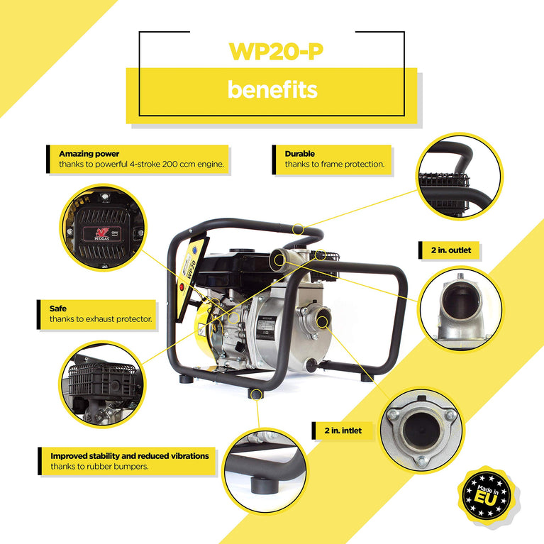 WASPPER Krachtige en draagbare benzine-waterpomp met 21.000 l/h pompvermogen, 40 m waterslag, 3600 omw/min viertakt-benzinemotor en meegeleverde accessoires, van WASPPER (WP20-P)