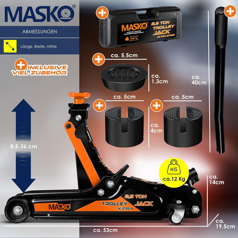 MASKO® Krik hydraulische Garagekrik vlakke hefhoogte 2.5 Ton | Autokrik met 2x rubber pads en Handschoenen | rangeerkrik hydraulisch 360° rollen onder standaard, Oranje