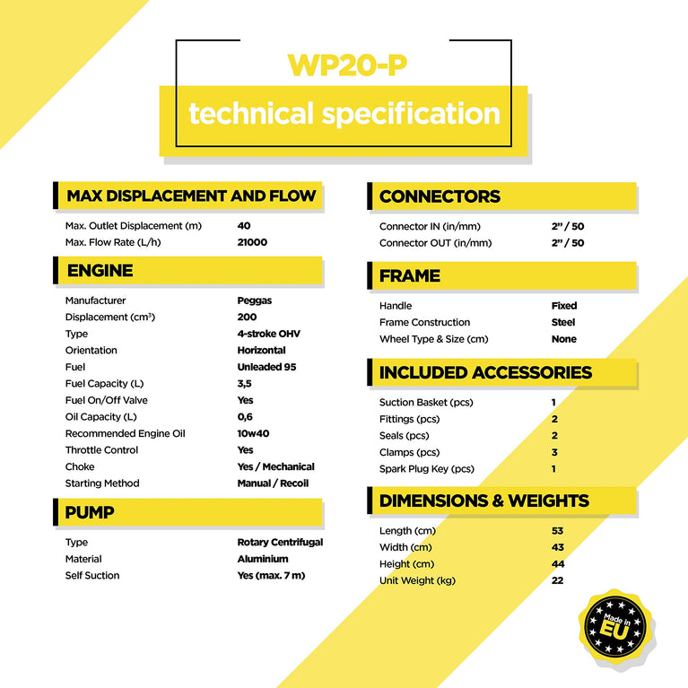 WASPPER Krachtige en draagbare benzine-waterpomp met 21.000 l/h pompvermogen, 40 m waterslag, 3600 omw/min viertakt-benzinemotor en meegeleverde accessoires, van WASPPER (WP20-P)