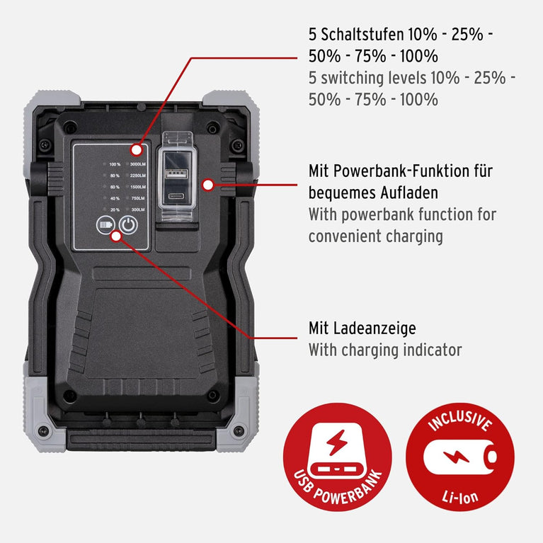 Brennenstuhl Batterijgevoede LED-werklamp RUFUS / LED-bouwlamp voor werkplaatsen (LED-schijnwerper met Powerbank-functie, incl. oplaadkabel, gegoten aluminium behuizing, 1500lm, IP65)