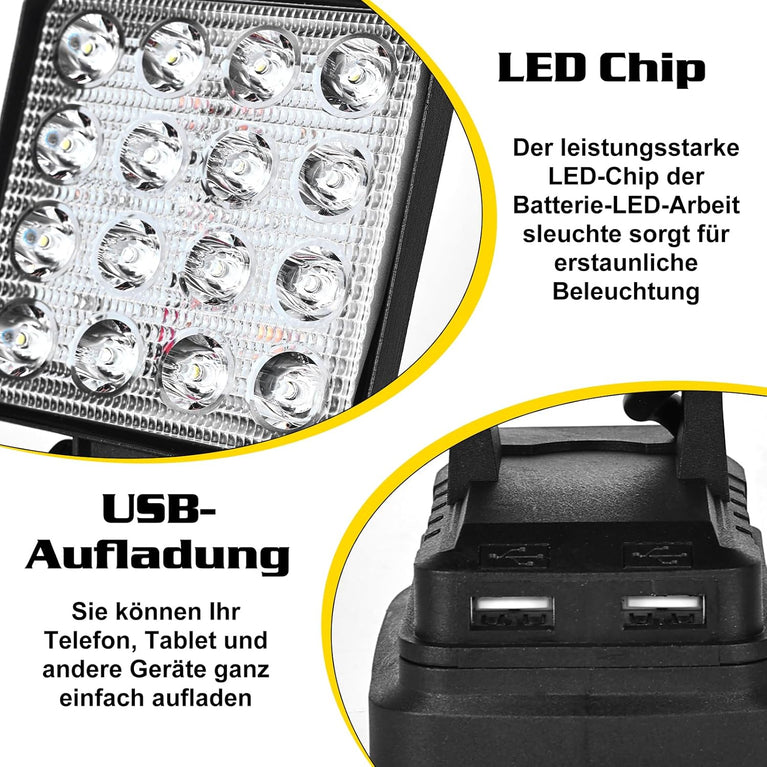 Accu-led-werklamp voor Makita 18 V - 27 W, led-bouwlamp, draagbare led-schijnwerper, accu-schijnwerper, bouwplaatslamp met USB opladen (geen accu), 2 stuks