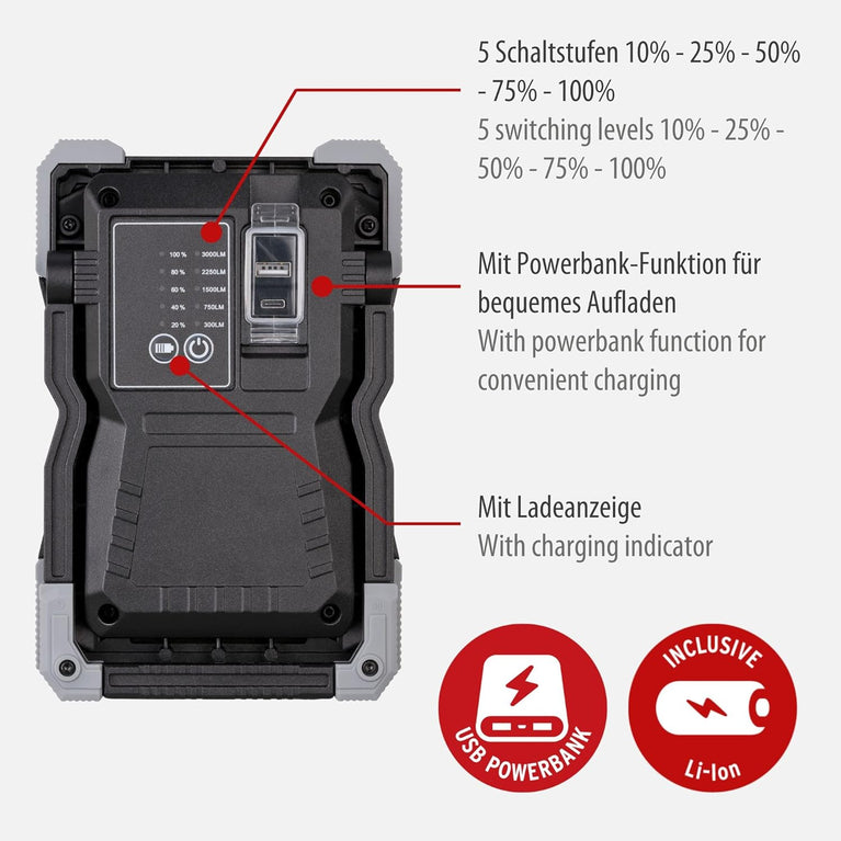 Brennenstuhl Batterijgevoede LED-werklamp RUFUS / LED-bouwlamp voor werkplaatsen (LED-schijnwerper met Powerbank-functie, incl. oplaadkabel, gegoten aluminium behuizing, 1500lm, IP65)