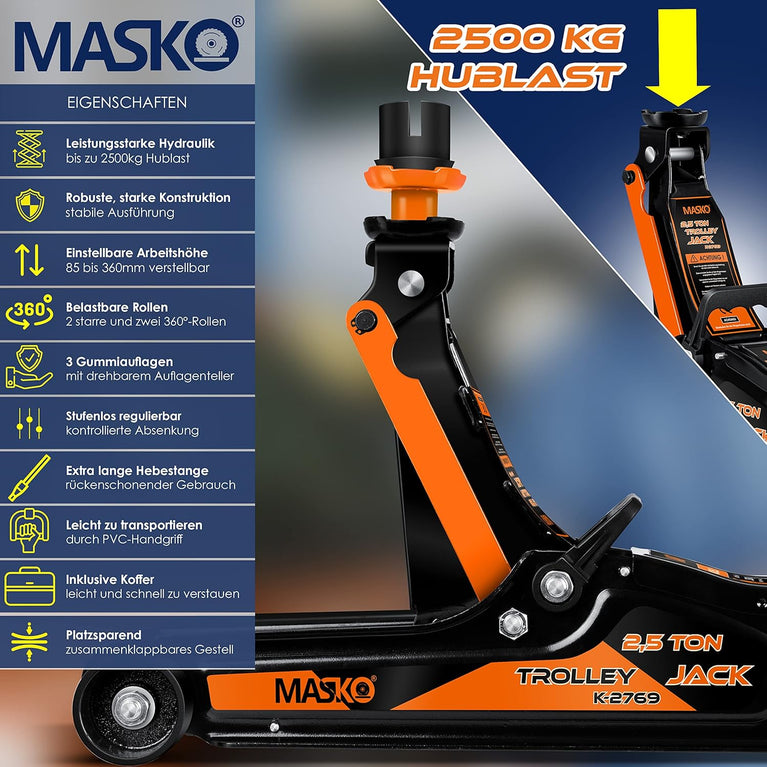 MASKO® Krik hydraulische Garagekrik vlakke hefhoogte 2.5 Ton | Autokrik met 2x rubber pads en Handschoenen | rangeerkrik hydraulisch 360° rollen onder standaard, Oranje