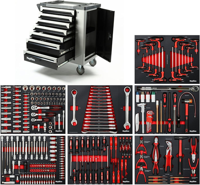 Mephisto XXL Gereedschapswagen, werkplaatswagen met 7 laden in carbon look, met gereedschappen zoals moersleutel, ratel met doppen, schroevendraaiers en nog veel meer, geplaatst in zachte inlays in de laden