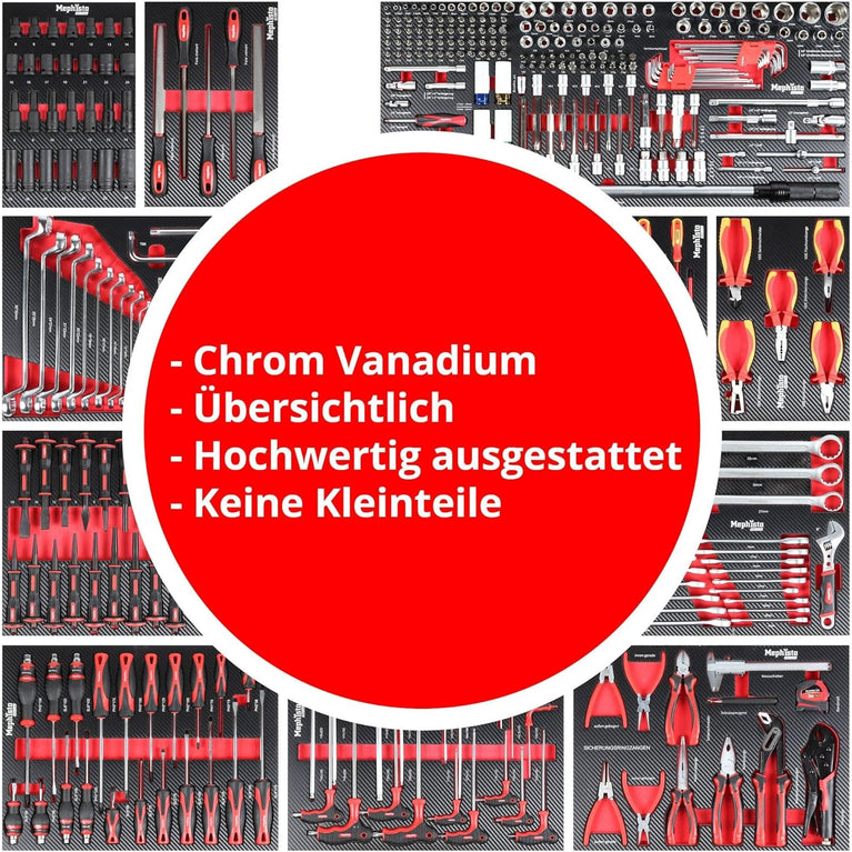 Mephisto Pro-Line BIG Gereedschapswagen, werkplaatswagen, gevuld met 12 laden waarvan 11 incl. gereedschap zoals VDE schroevendraaier, ratel met moerbox, schroevendraaierset in Soft Inlays in Carbon