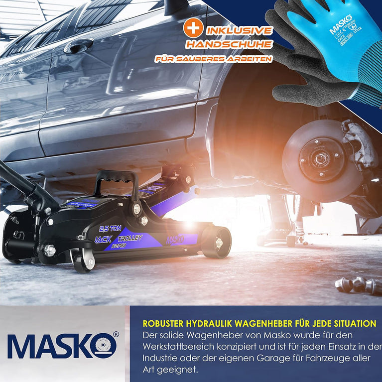 MASKO® Krik hydraulische Garagekrik vlakke hefhoogte 2.5 Ton | Autokrik met 2x rubber pads en Handschoenen | rangeerkrik hydraulisch 360° rollen onder standaard, Oranje