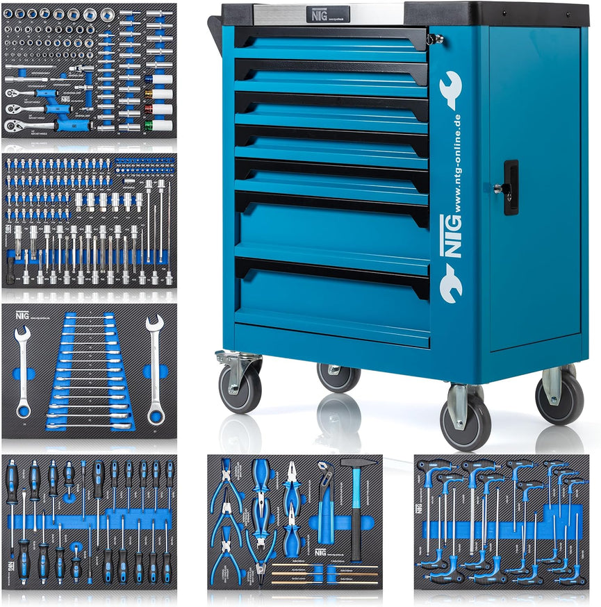 NTG Gereedschapswagen + gereedschap + 7 laden | 252-delig | afsluitbaar | waarvan 6 met gereedschap | met zachte inlays in carbonlook | gevulde laden | werkplaatswagen gereedschapskist